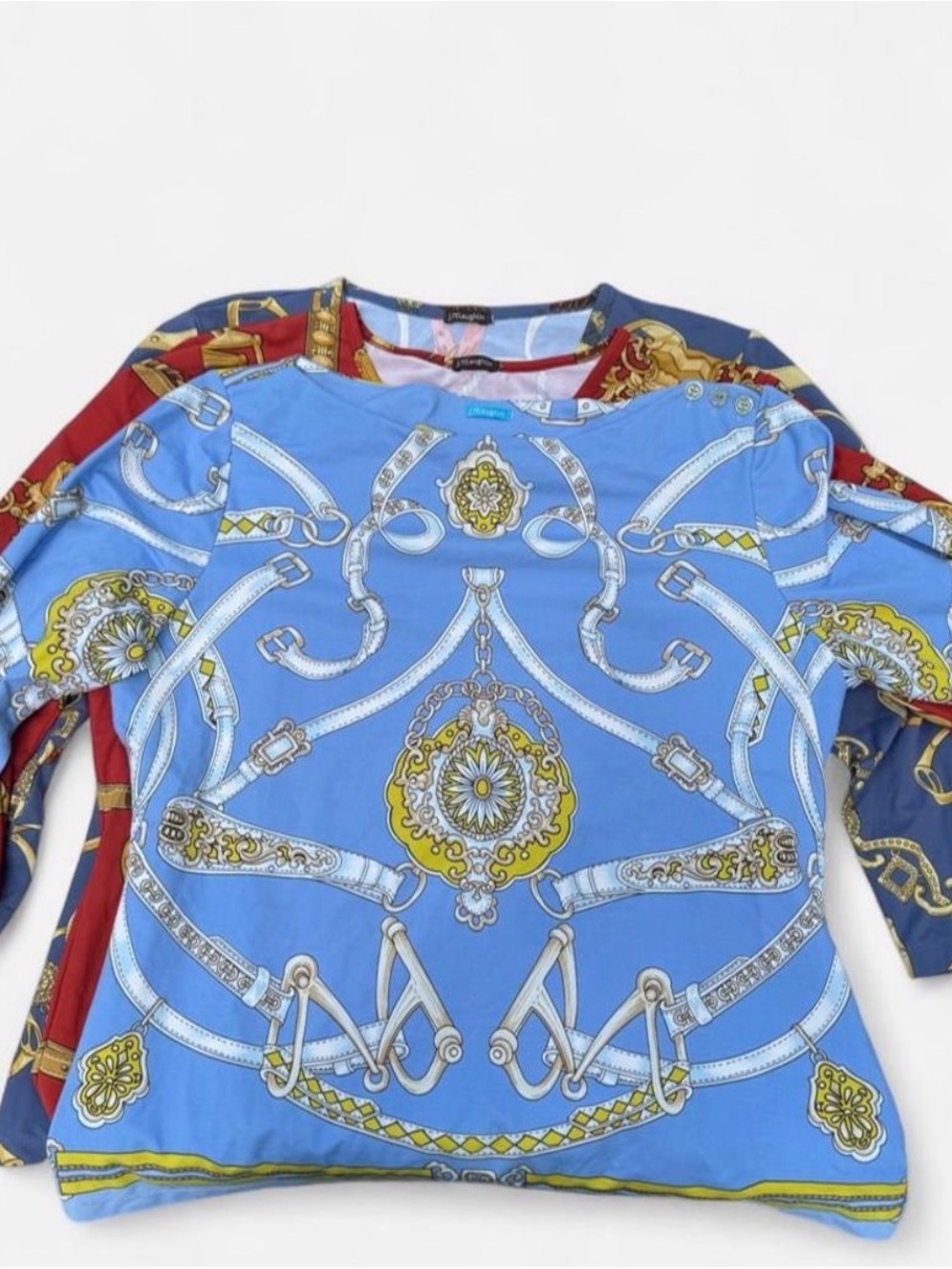 3 ⭐️ J. McLaughlin Blue, Red & Gold Scarf-Print Tops mediums
